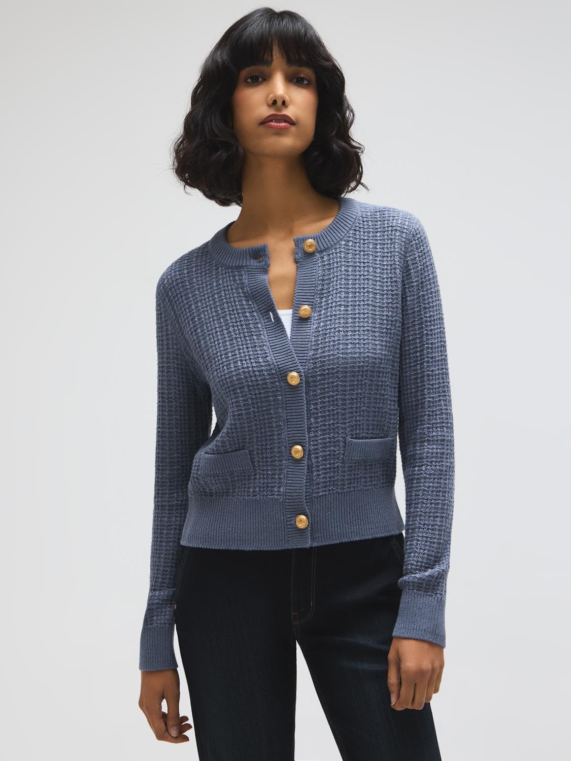 Vivienne | Women's Cotton Blend Cardigan, Button Front Crew Neck, Autumn