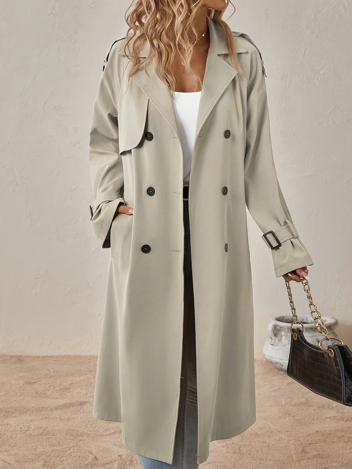 Eshita | Women's Cotton Blend Trench Coat, Long Structured Cut, Button Closure, Autumn