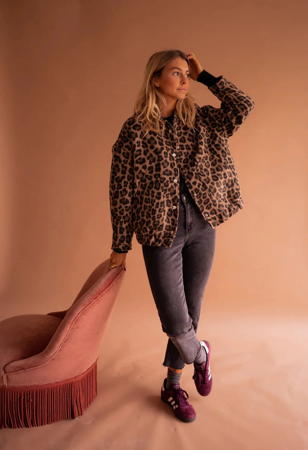 Stella | Women's Leopard Print Bomber Jacket, Snap-Button Front, Autumn