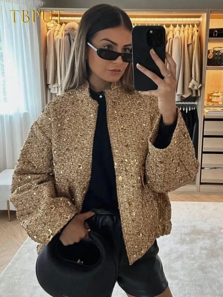Lyric | Women's Bomber Jacket Gold Sequin Tweed Textured Structured Sparkle Statement Chic Occasion Party Festive Evening Autumn