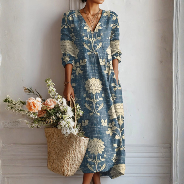 Women's Playful Linen Midi Dress with Abstract Print
