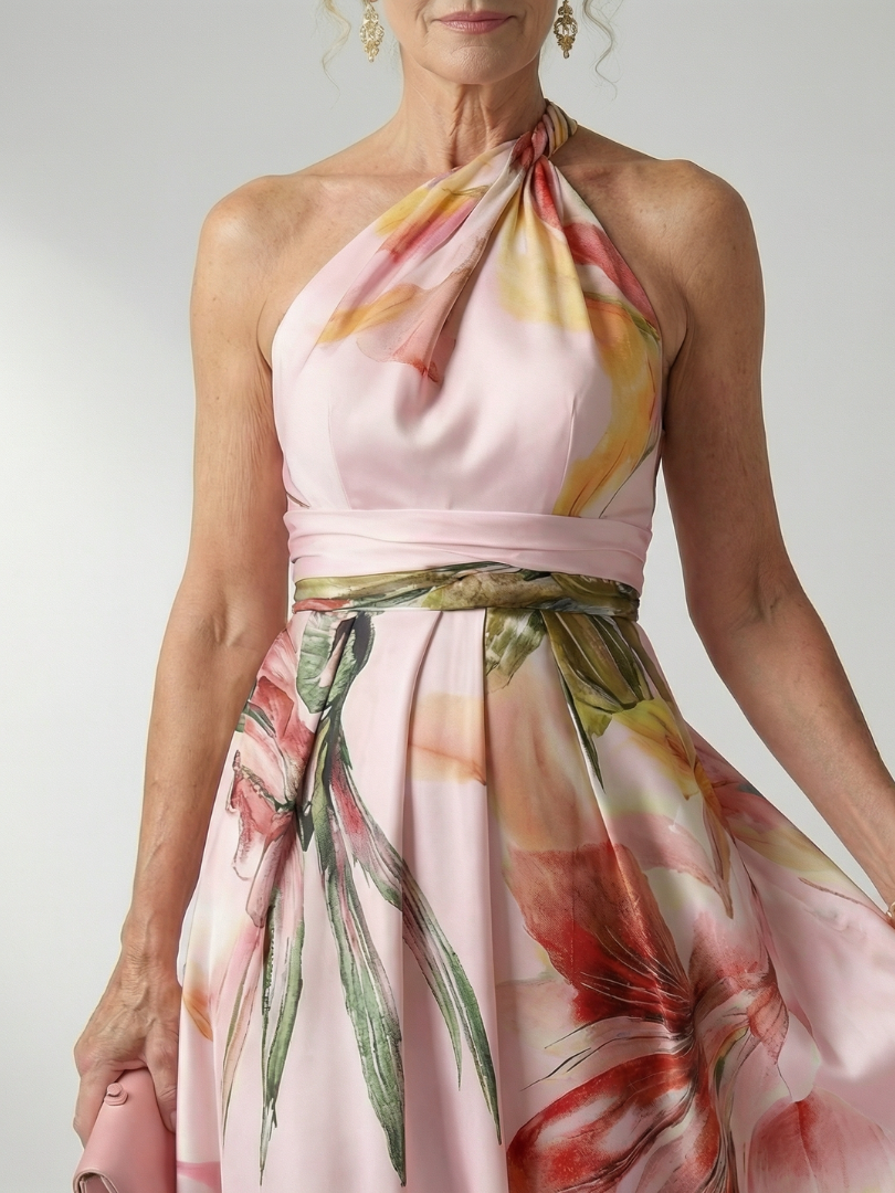 Women's Light Floral Maxi Dress with Halter Neckline and Flowing A-Line Skirt