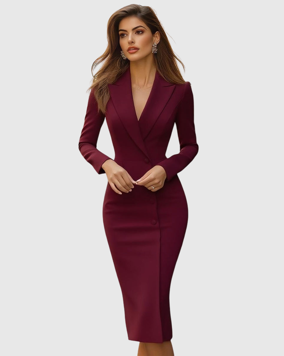 Women's Blazer Style Midi Dress with Button Closure and Long Sleeves