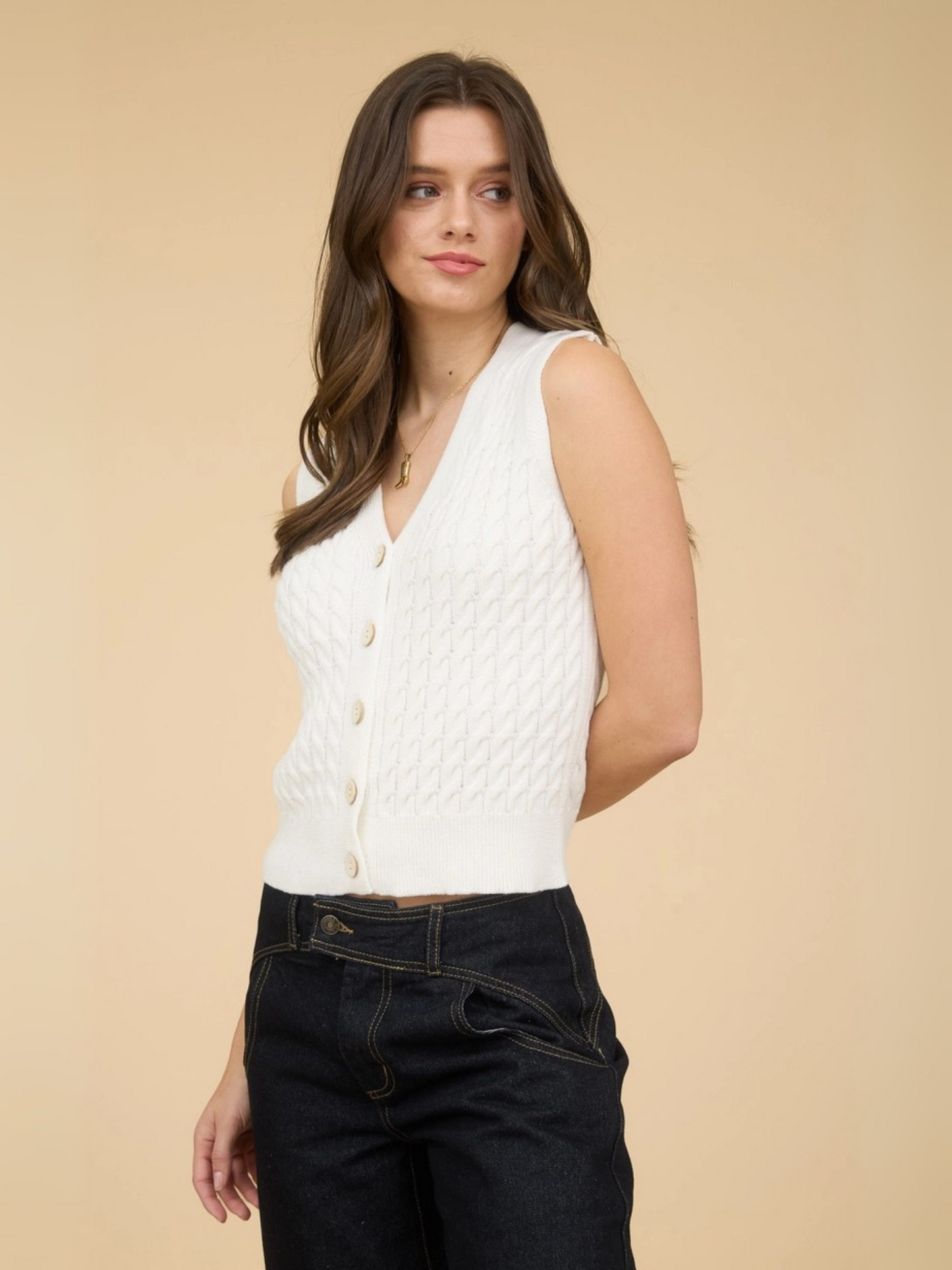 Women's Cable Knit Cardigan Vest with V-Neckline and Button Closure