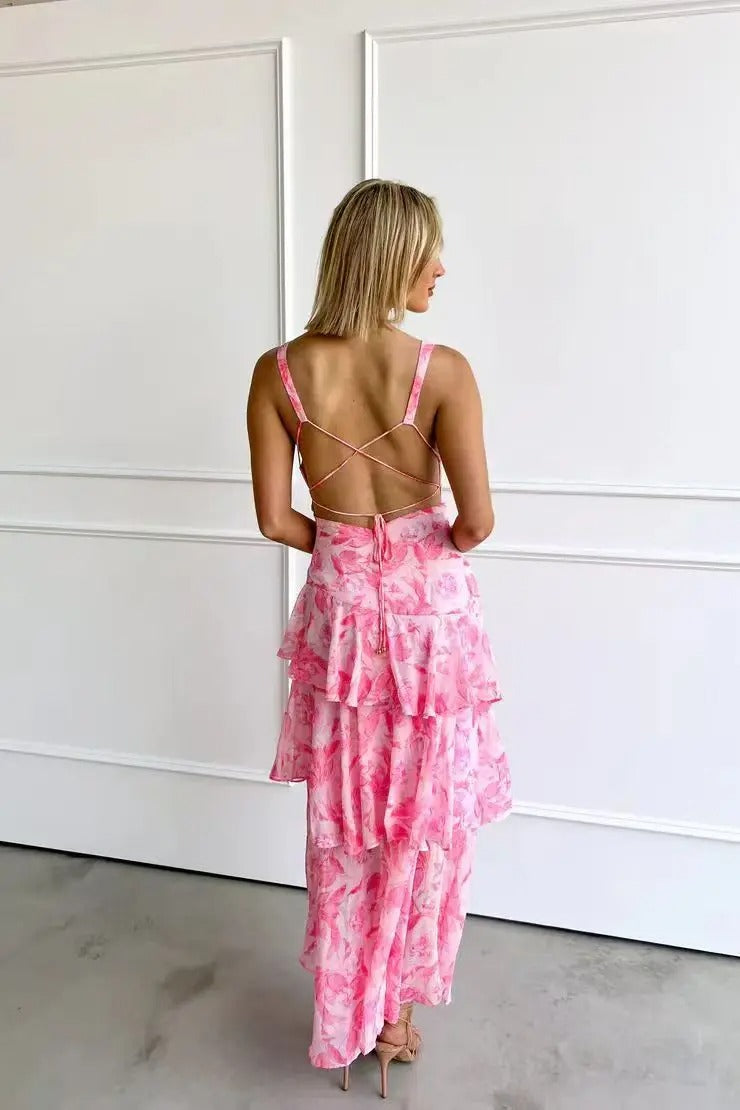 Women's Chiffon Maxi Dress with Deep V-Neck and Tiered Ruffle Skirt