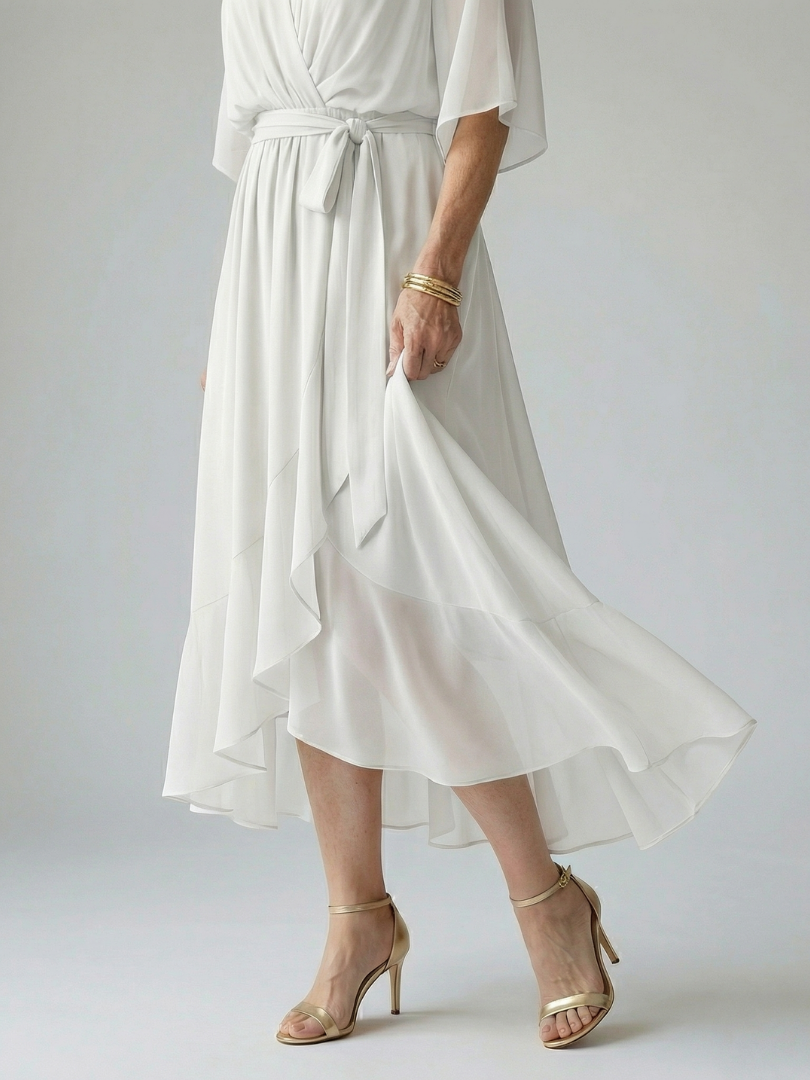 Women's Draped Midi Dress with Elbow Length Sleeves and Tie Waist Detail