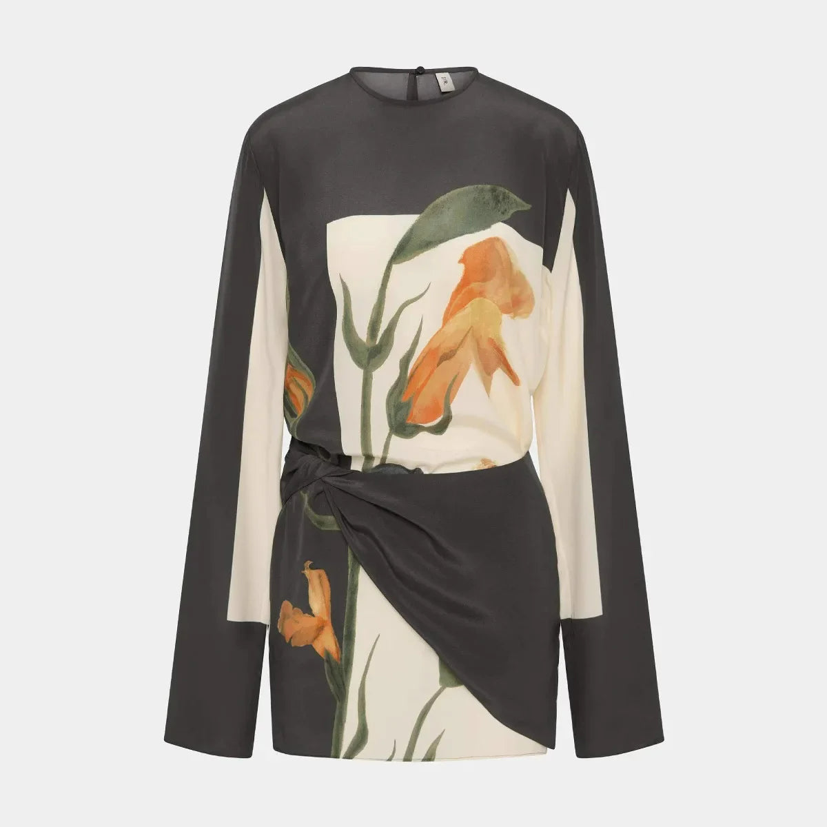 Women's Floral Twist Mini Dress with Draped Overlay and Flared Sleeves