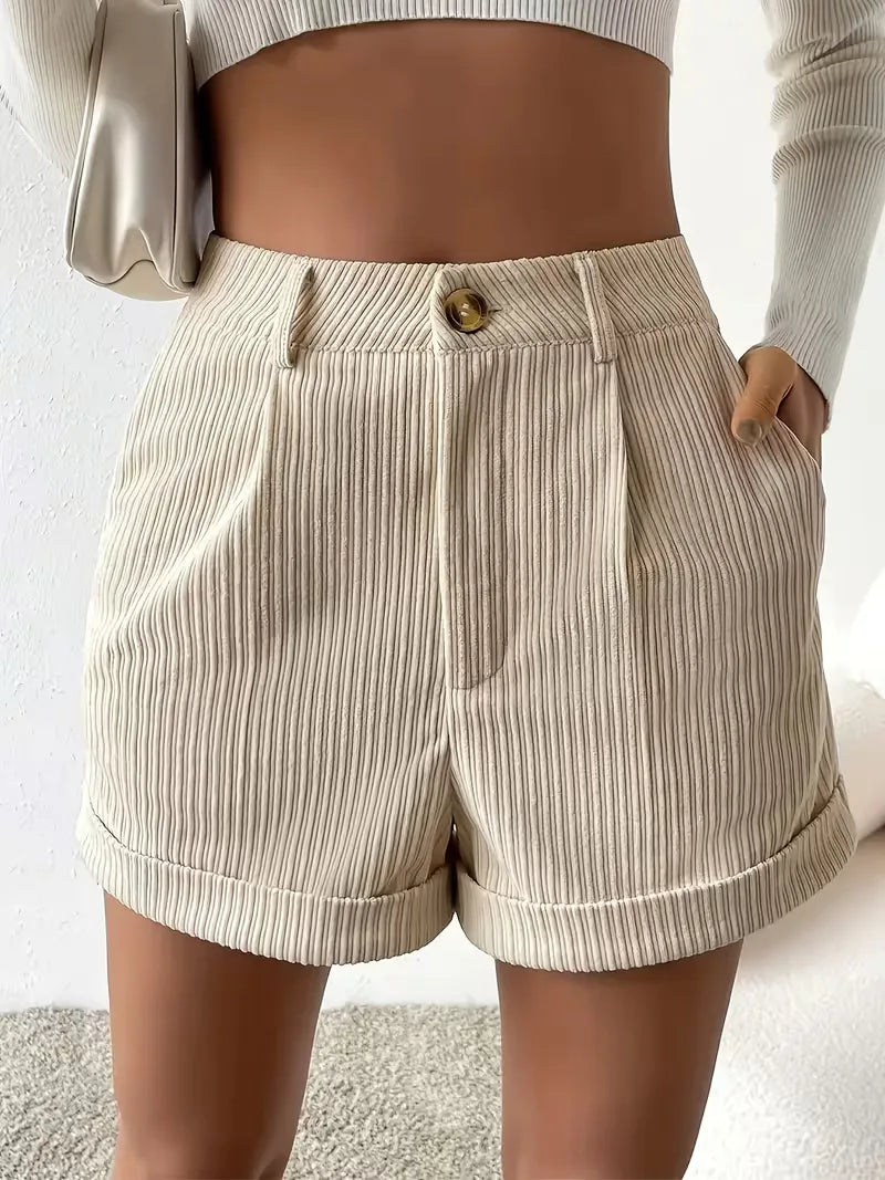 Women's High Waist Ribbed Shorts with Button Closure and Side Pockets