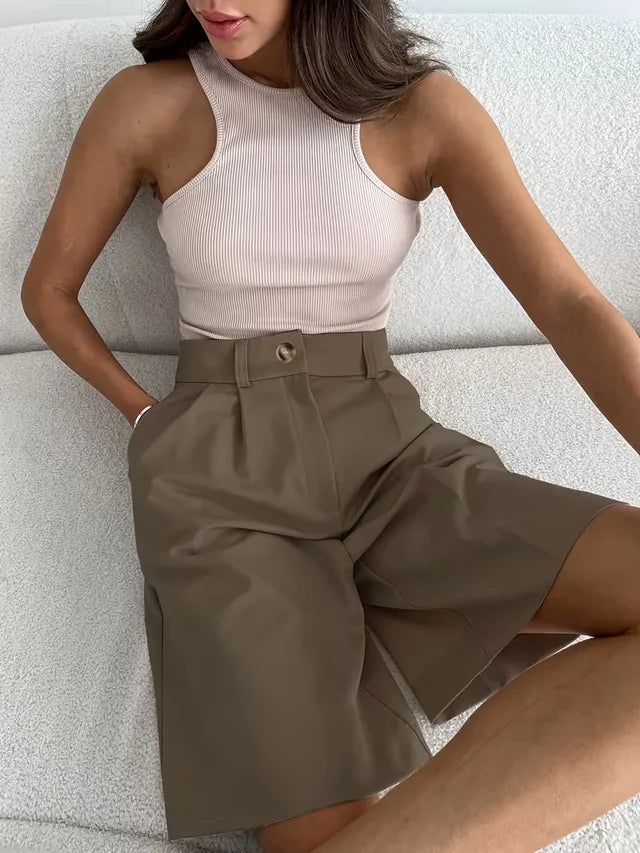 Women's High Waist Straight Leg Shorts with Pleated Front and Belt