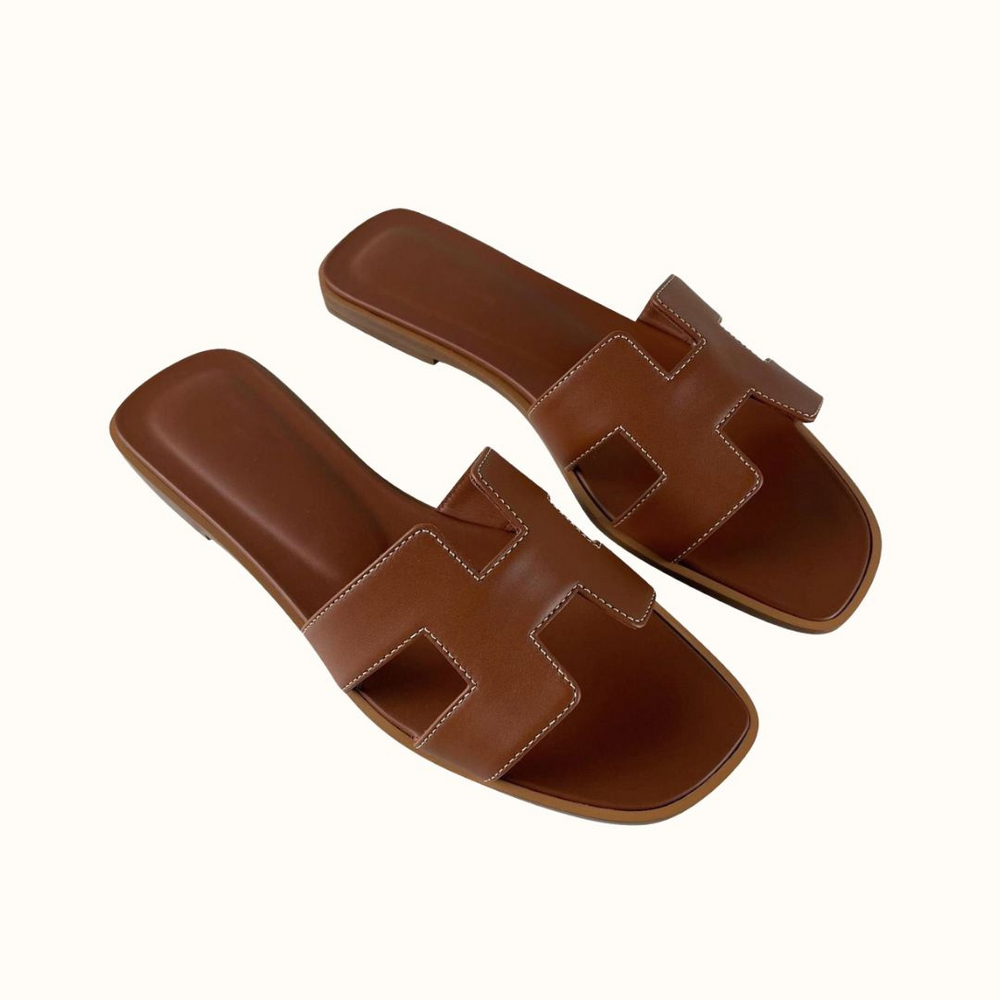 Women's Leather H-Strap Slip On Sandals Low Heel
