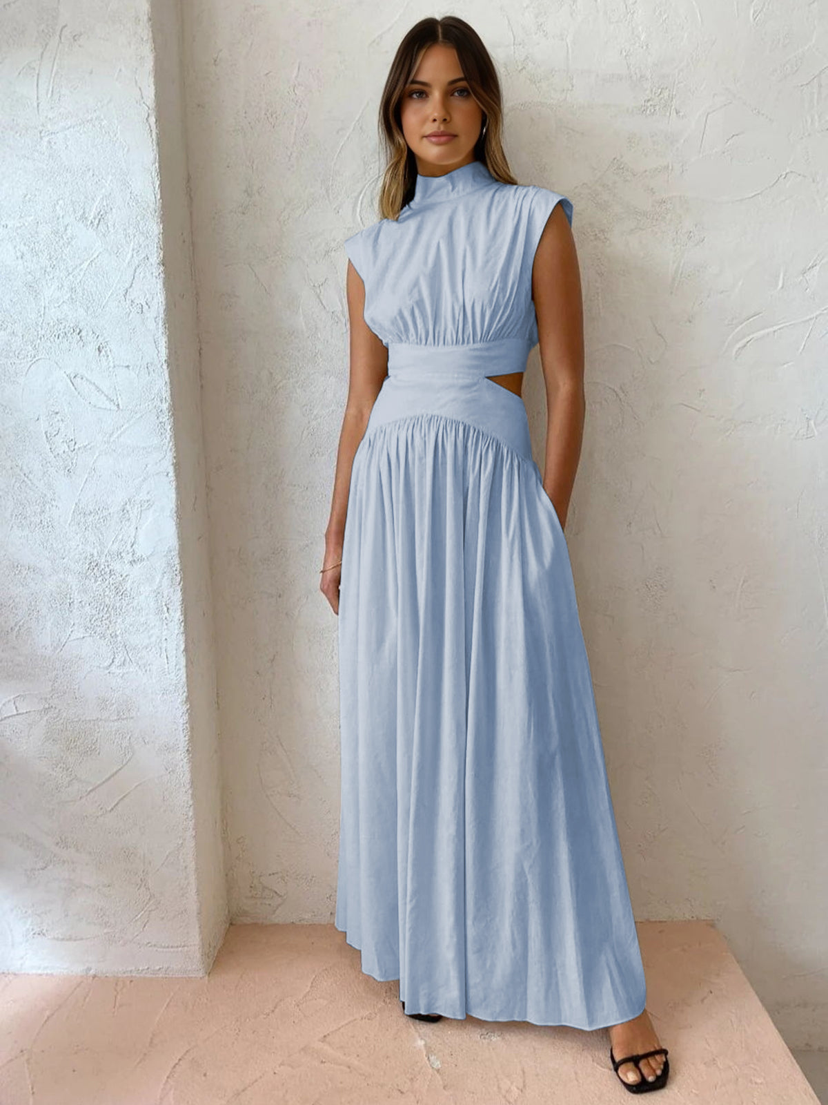 Women's Sleeveless Maxi Dress with Mock Neck and Waist Cut-Out Detail