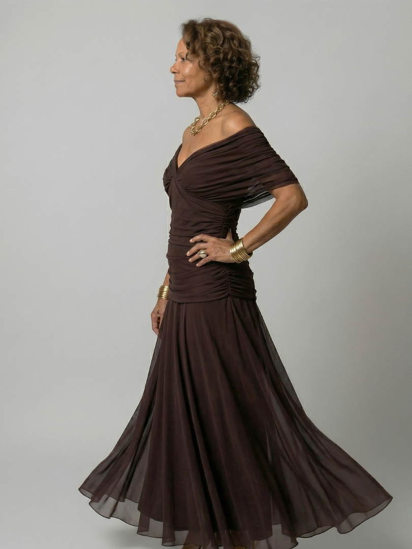 Women's Off Shoulder Flow Midi Dress with Draped Neckline and Gently Flared Skirt
