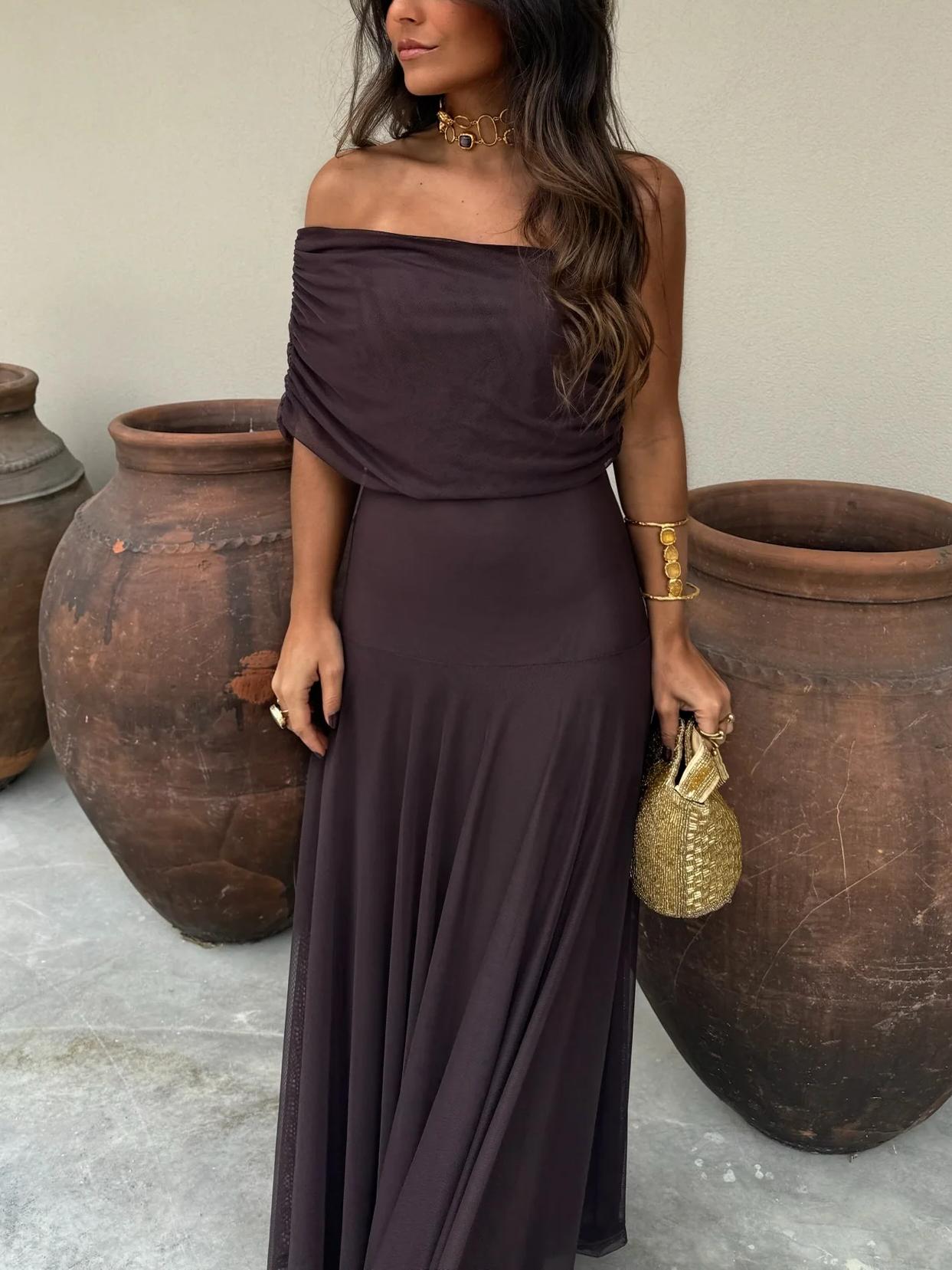 Women's Off Shoulder Maxi Wedding Guest Dress with Chiffon Overlay