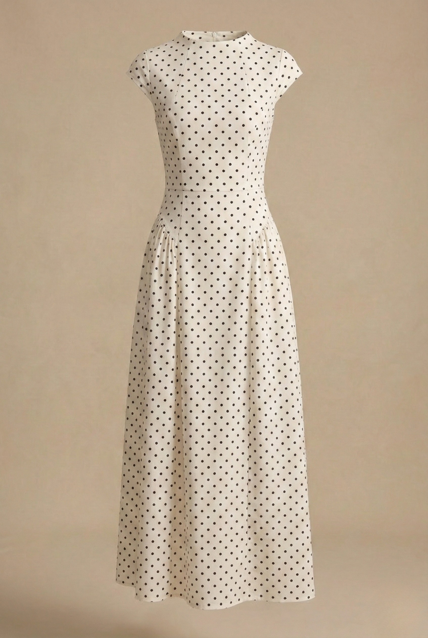 Women's Polka Dot Maxi Dress with High Neck Cap Sleeve and Full A-Line Skirt