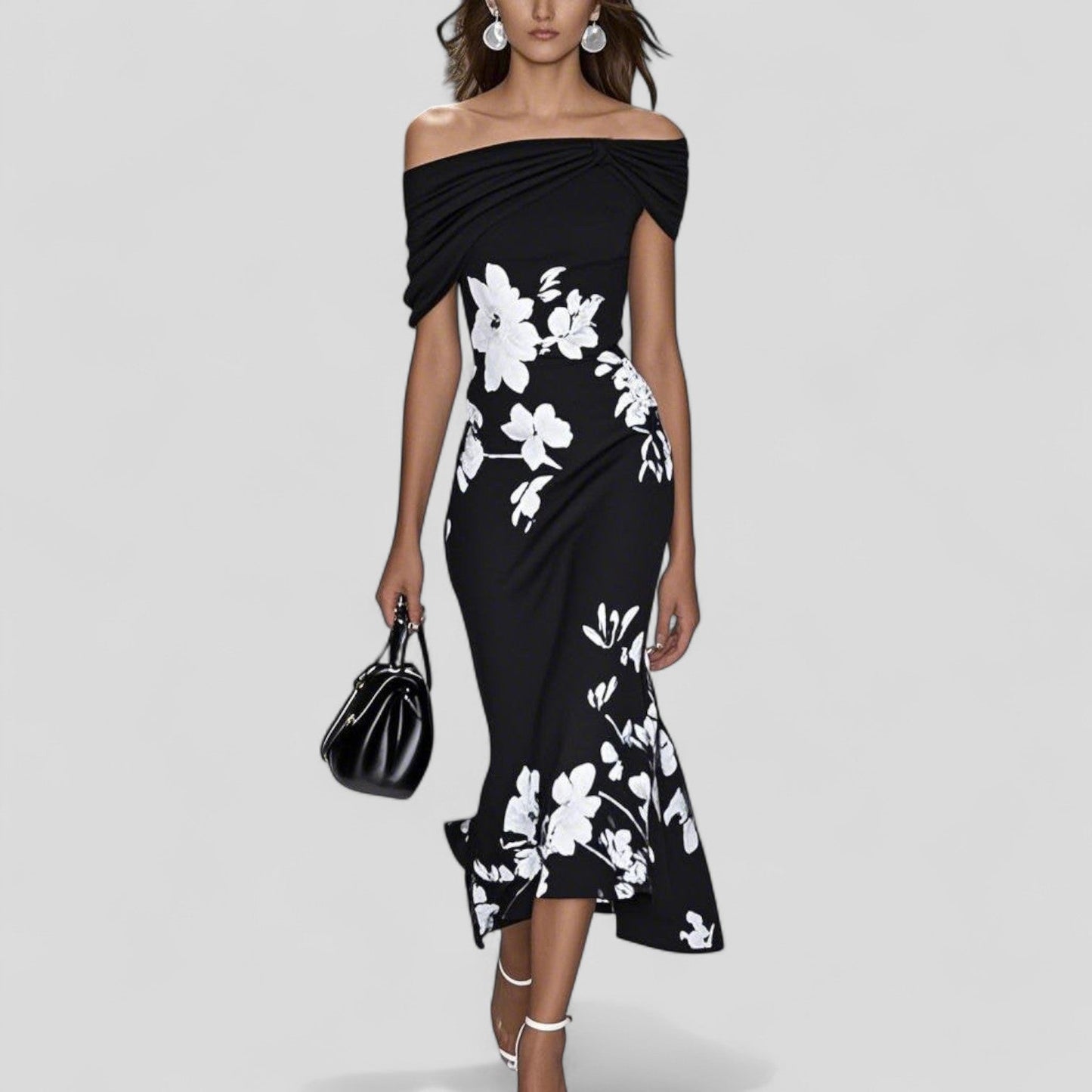 Women's Print Midi Dress with Round Neck and Short Sleeves