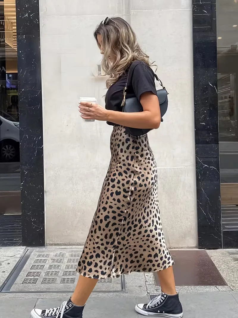 Women's High Waist Satin Midi Skirt with Leopard Print and Elastic Waistband