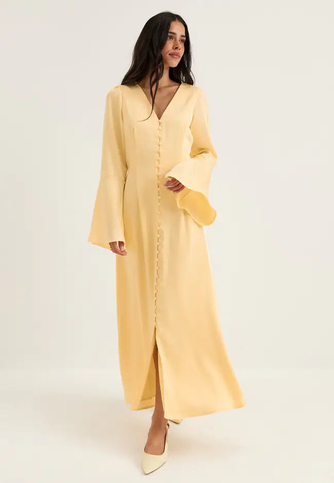 Women's Satin Maxi Dress with Flounce Trumpet Sleeves and V-Neckline