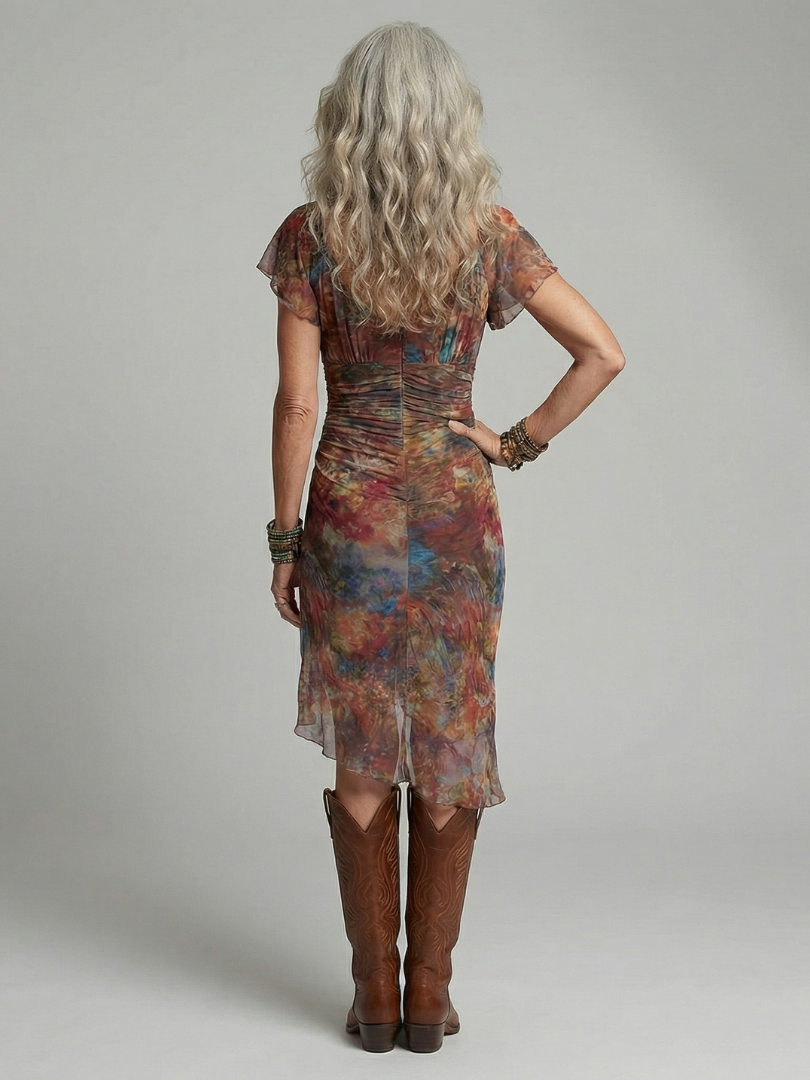 Women's Short Sleeve Midi Dress with Gathered Bodice and Asymmetric Hem