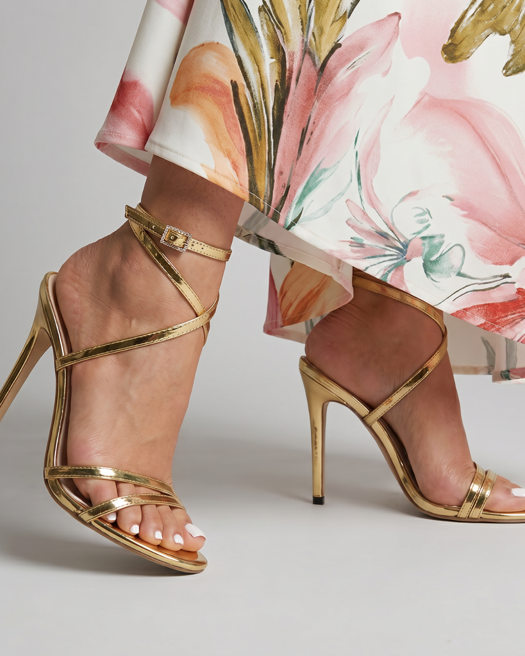 Women's Stiletto Heel Sandals with Metallic Wrap Straps