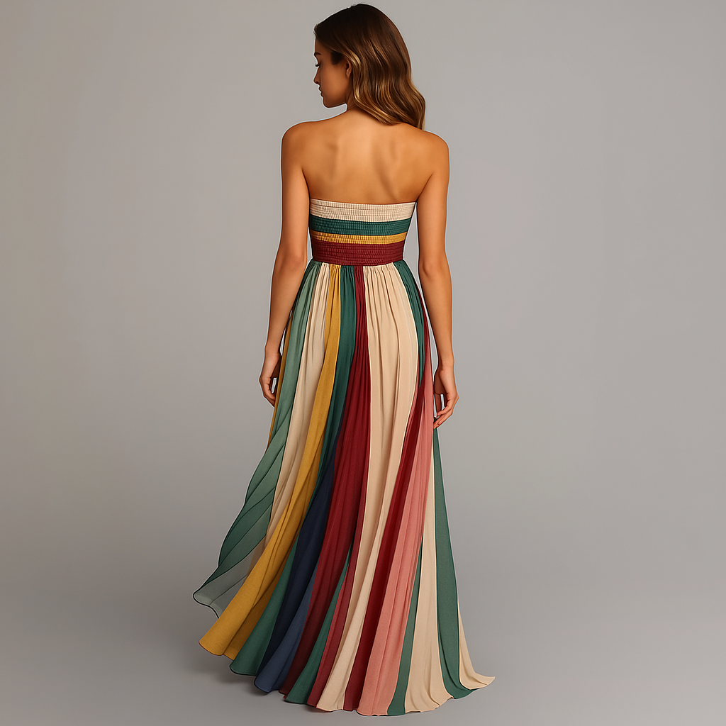 Women's Strapless Colorful Pleated Maxi Dress with Ankle Length Hem
