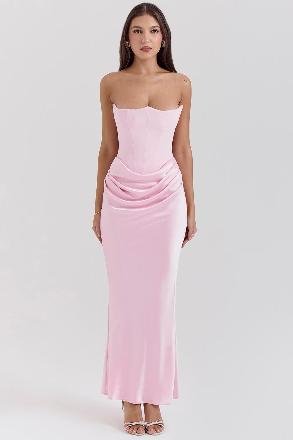 Women's Strapless Corset Maxi Dress with Satin Drape Waist