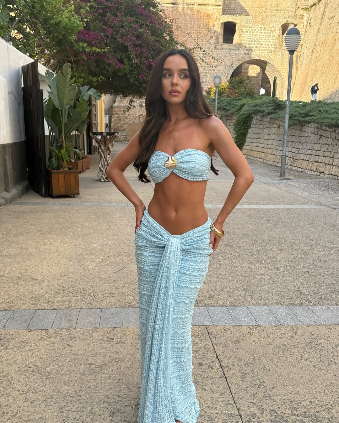 Women's Strapless Maxi Set with Gold Ring Detail and High Rise Wrap Skirt