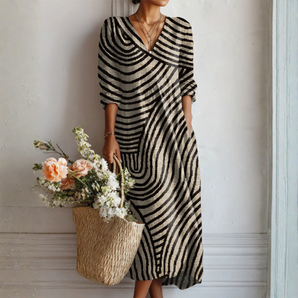 Women's Timeless Vintage Linen Midi Dress with Abstract Print