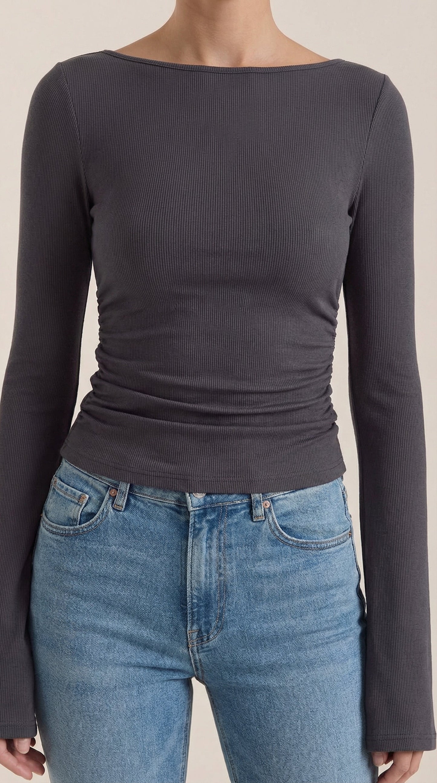 Women's Long Sleeve Top with Flared Balloon Sleeves and Boat Neckline