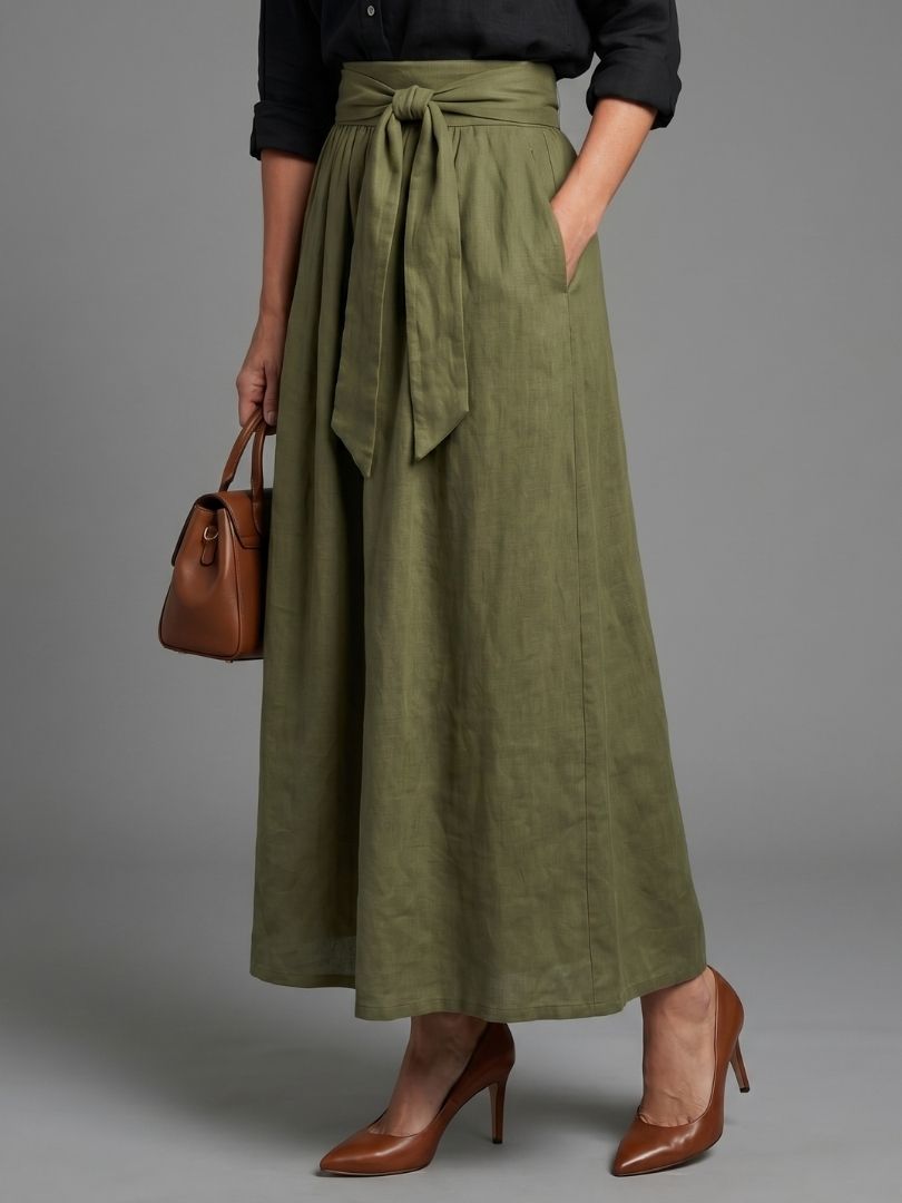 Women's Two-Piece Set with Black Blouse and Olive Green Midi Skirt