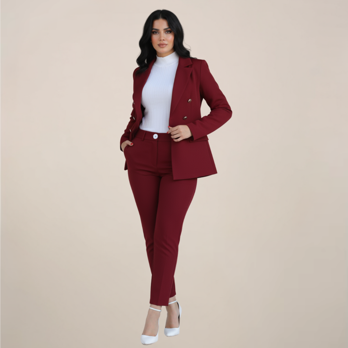Women's Two-Piece Suit Set with Tailored Blazer and Slim Trousers
