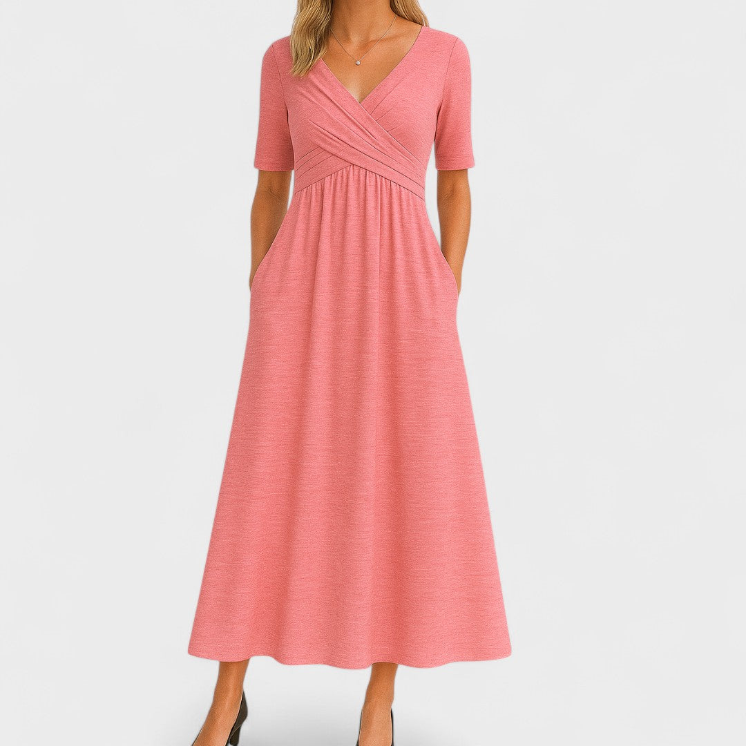 Women's Wrap V-Neck Midi Dress with Elbow Sleeves and Side Pockets