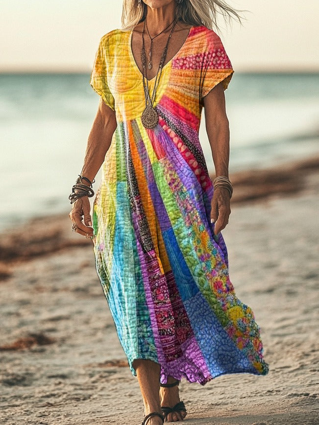 Women's Bohemian Sun Print Midi Dress in Cotton Linen Blend