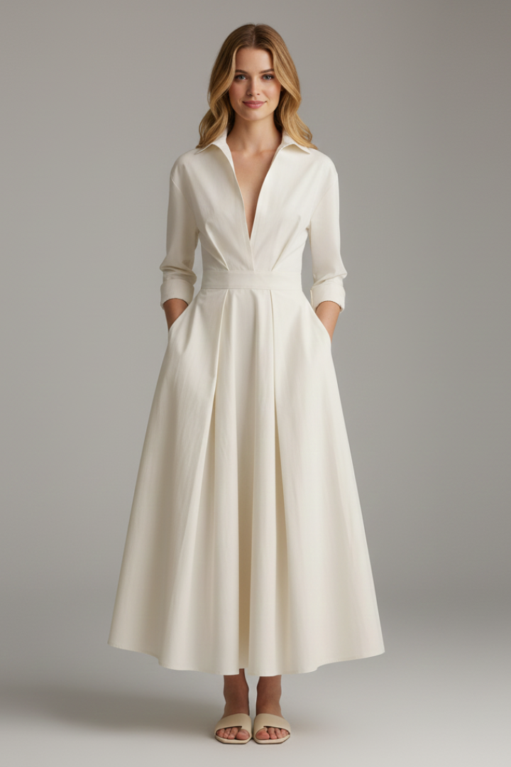 Sarah | Women's Button Front Collared Midi Dress, Classic Fit, Autumn