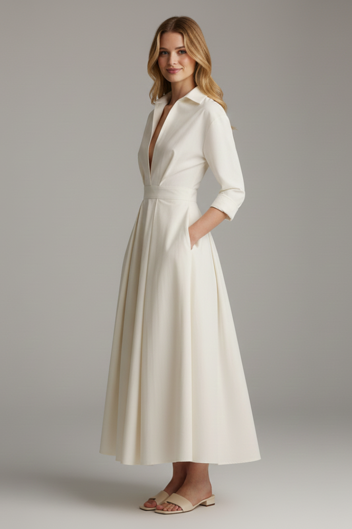 Sarah | Women's Button Front Collared Midi Dress, Classic Fit, Autumn