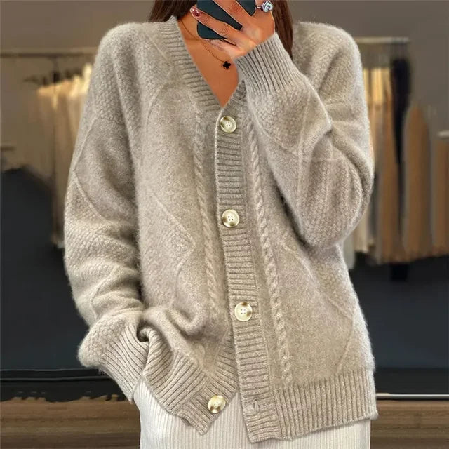 Lena | Women's Cashmere Cardigan, Button Front V-Neck Long Sleeve, Winter