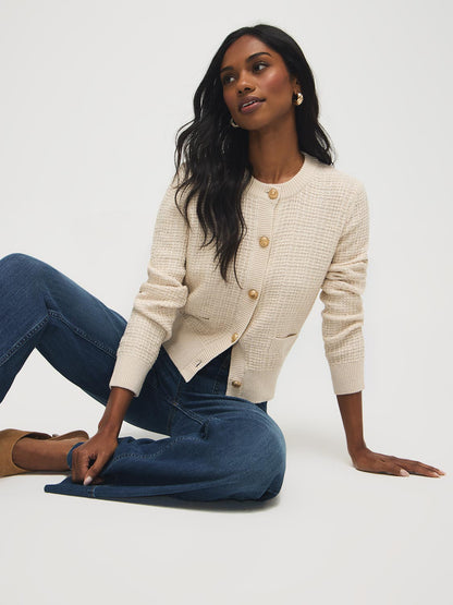 Vivienne | Women's Cotton Blend Cardigan, Button Front Crew Neck, Autumn