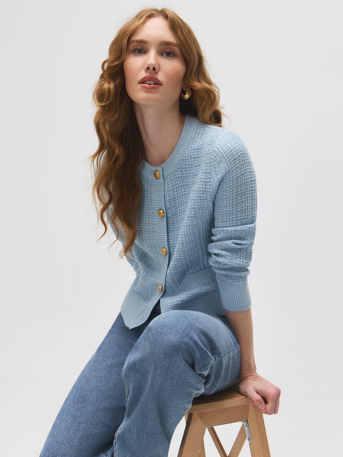 Vivienne | Women's Cotton Blend Cardigan, Button Front Crew Neck, Autumn