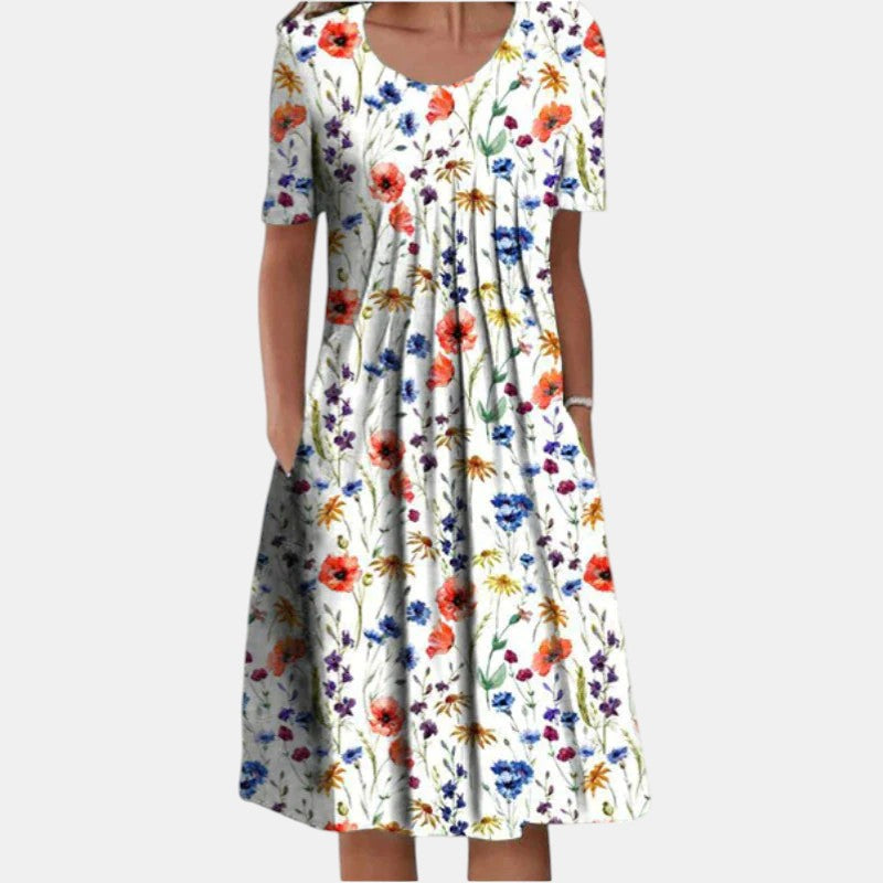 Women's Cotton Midi Dress with Pleated Front and Gentle Coverage