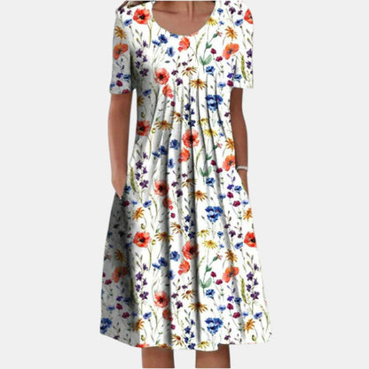 Women's Cotton Midi Dress with Pleated Front and Gentle Coverage