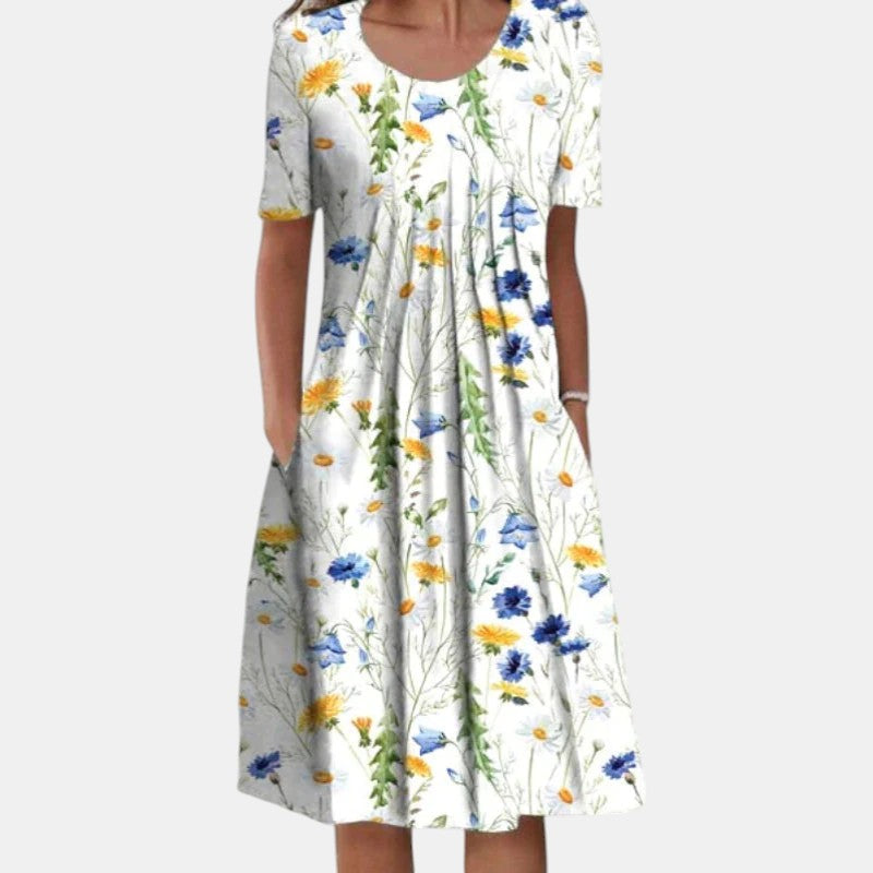 Women's Cotton Midi Dress with Pleated Front and Gentle Coverage