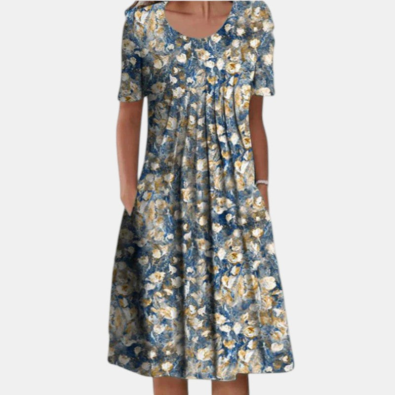 Women's Cotton Midi Dress with Pleated Front and Gentle Coverage
