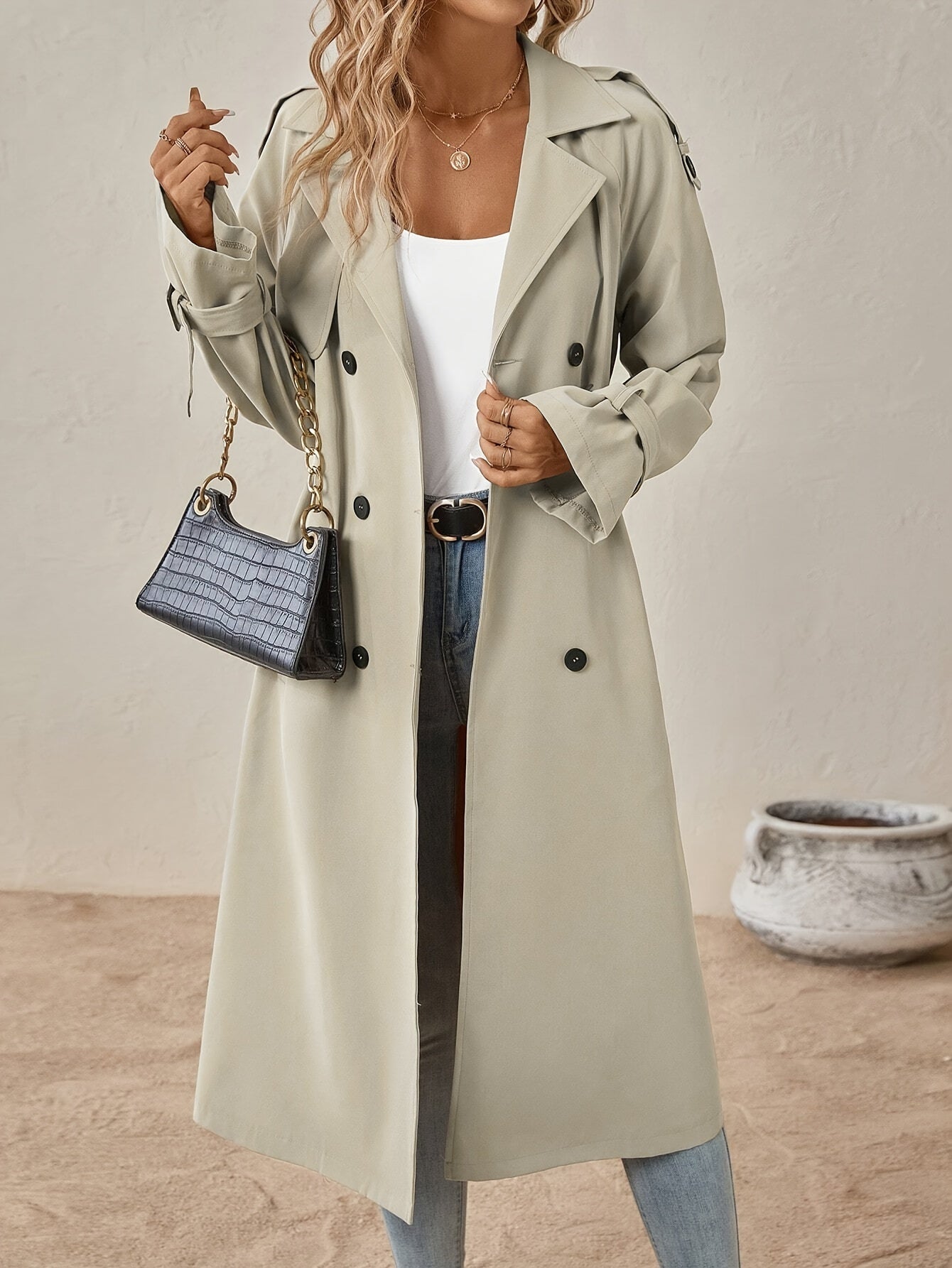 Eshita | Women's Cotton Blend Trench Coat, Long Structured Cut, Button Closure, Autumn