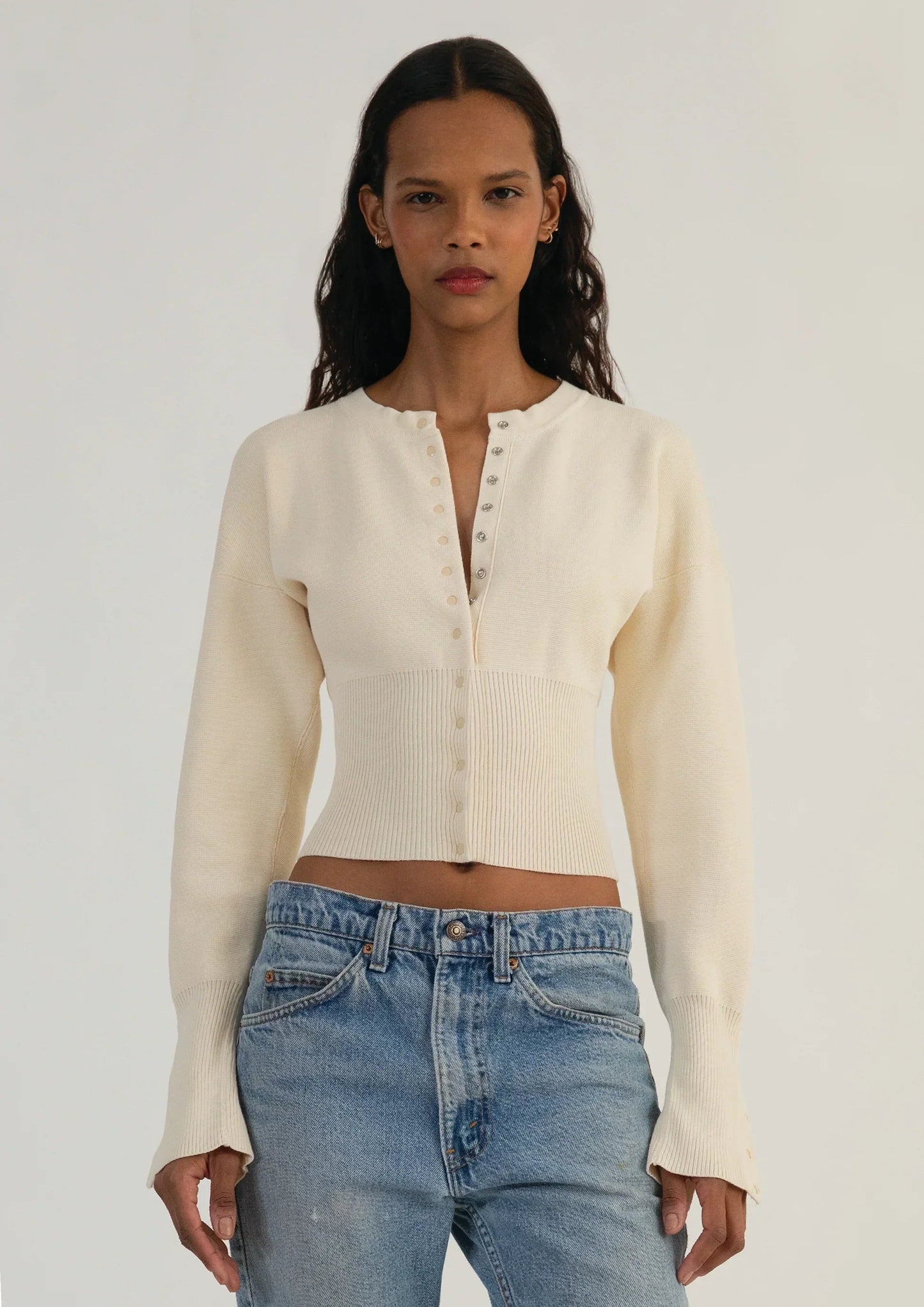 Camille | Women's Cropped Knit Cardigan, Button-Up Fitted Ribbed Waist, Winter