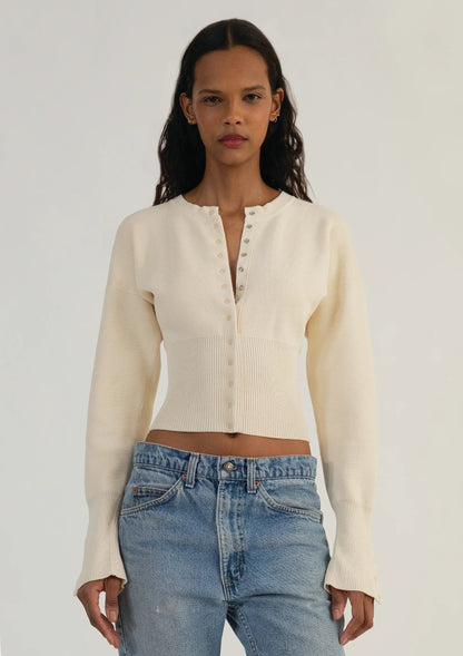 Camille | Women's Cropped Knit Cardigan, Button-Up Fitted Ribbed Waist, Winter