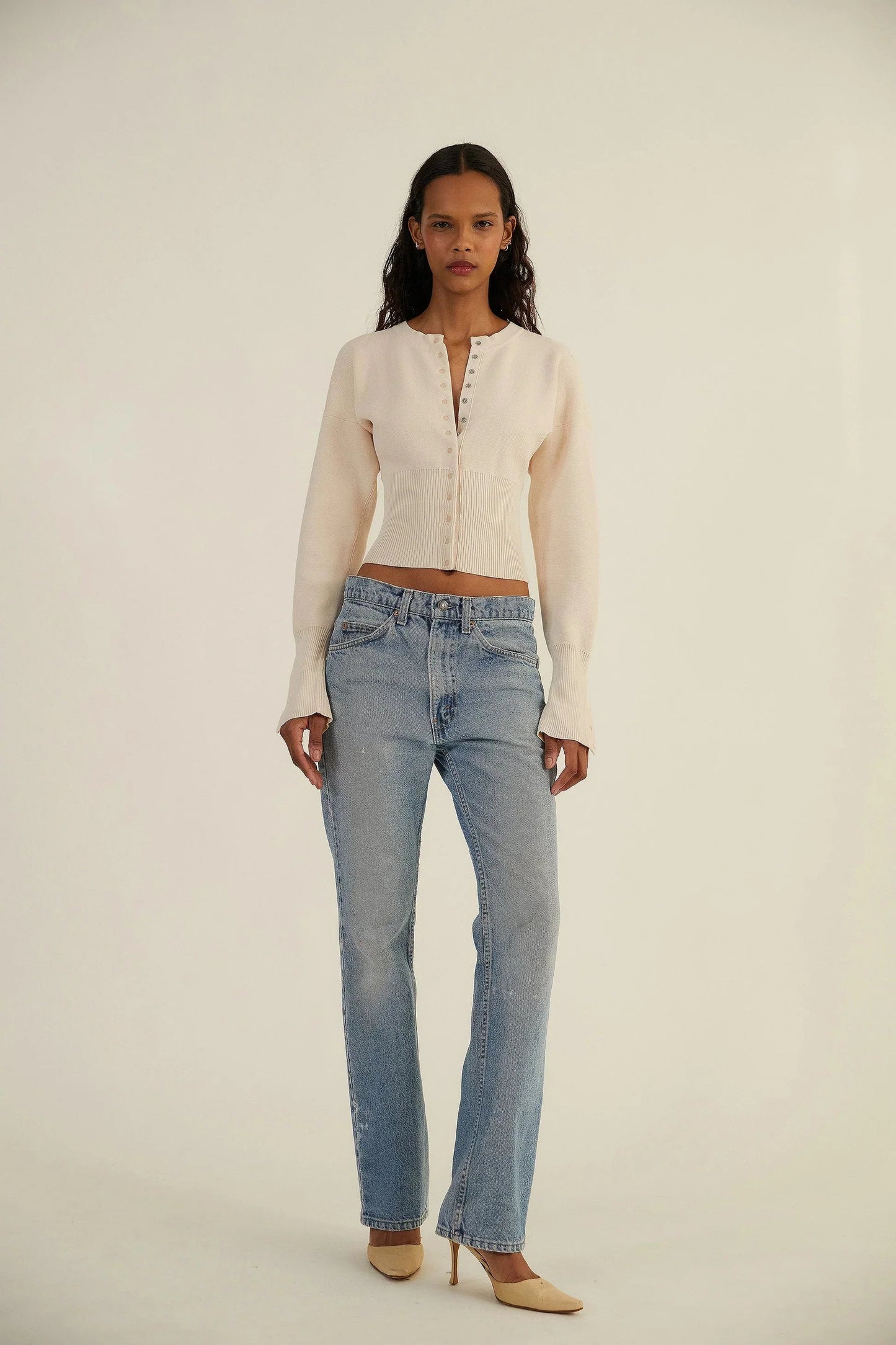 Camille | Women's Cropped Knit Cardigan, Button-Up Fitted Ribbed Waist, Winter
