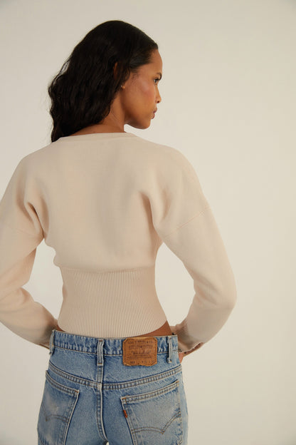 Camille | Women's Cropped Knit Cardigan, Button-Up Fitted Ribbed Waist, Winter