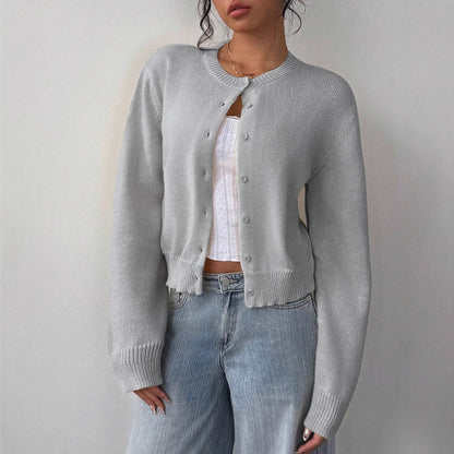 Phoebe | Women's Cropped Cardigan, Round Neck Button-Up Knit with Ribbed Trim, Winter - Beige