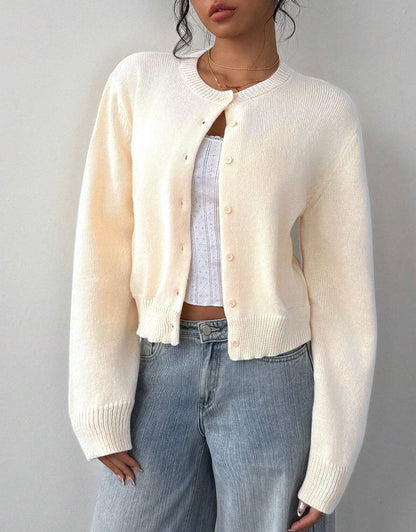 Phoebe | Women's Cropped Cardigan, Round Neck Button-Up Knit with Ribbed Trim, Winter - Beige