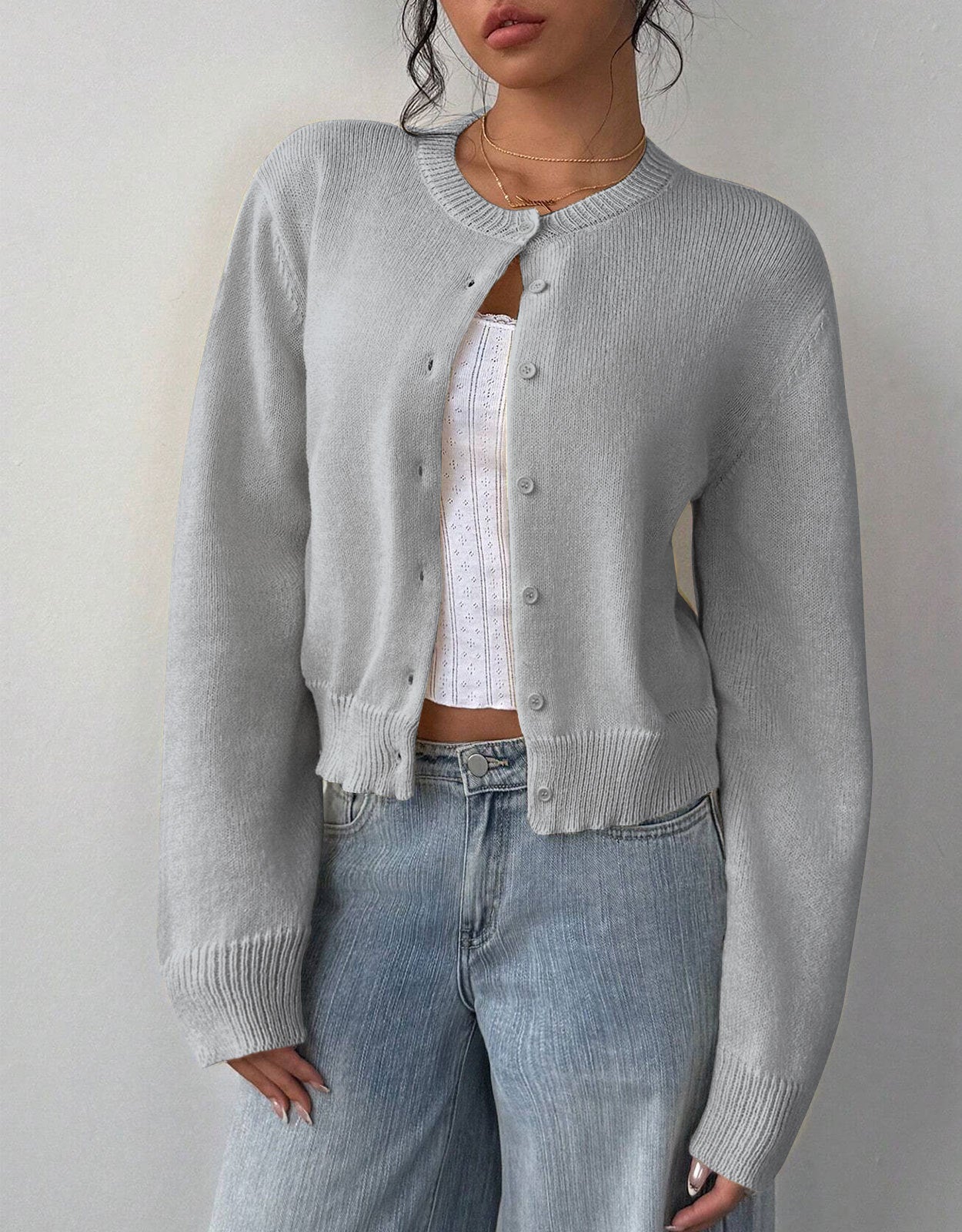 Phoebe | Women's Cropped Cardigan, Round Neck Button-Up Knit with Ribbed Trim, Winter - Beige