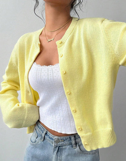 Phoebe | Women's Cropped Cardigan, Round Neck Button-Up Knit with Ribbed Trim, Winter - Beige